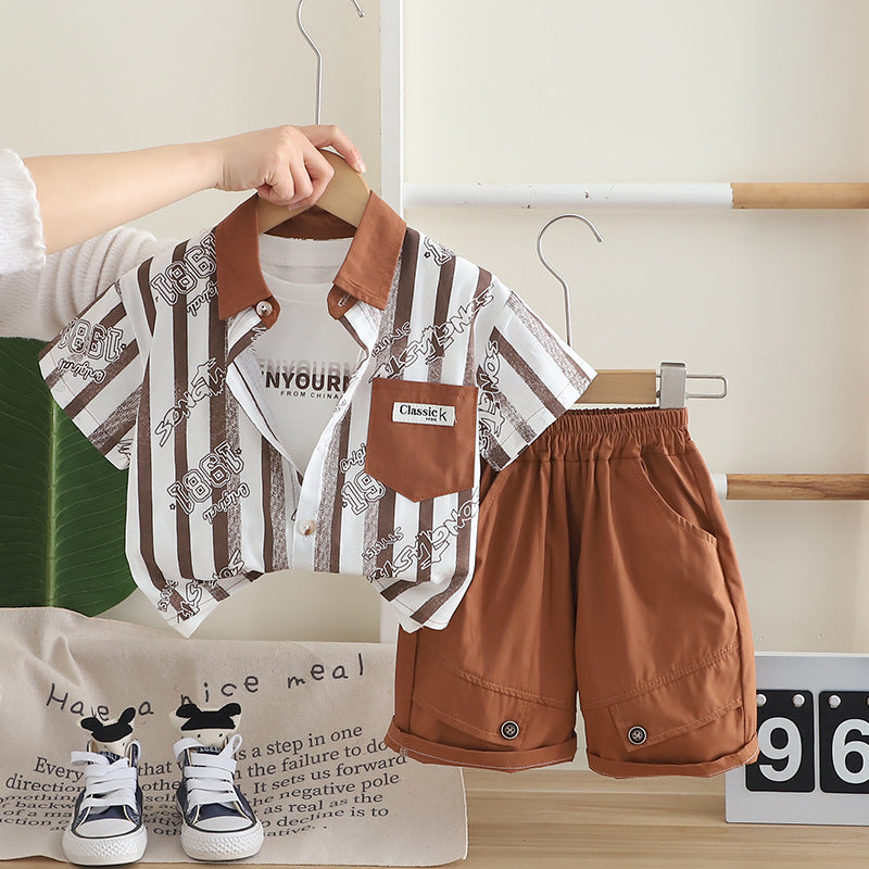 A summer boys three-piece set new baby boy foreign clothes thin striped shirt short-sleeved set medium and small children's tide