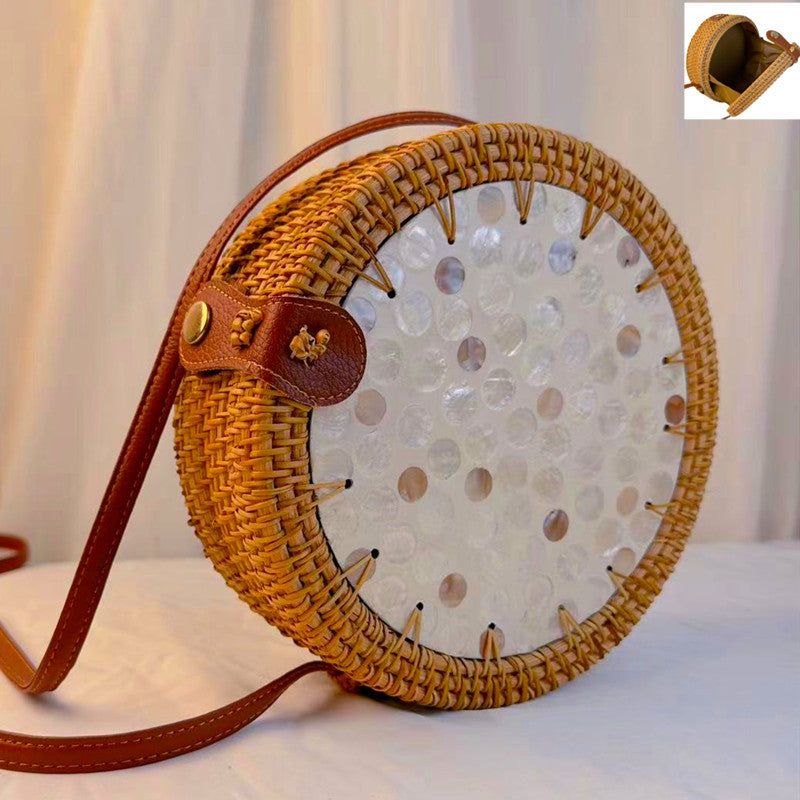 A rattan bag ins diagonal span mini bag Mori basket retro literary woven round bag vacation bucket bag leather buckle bag