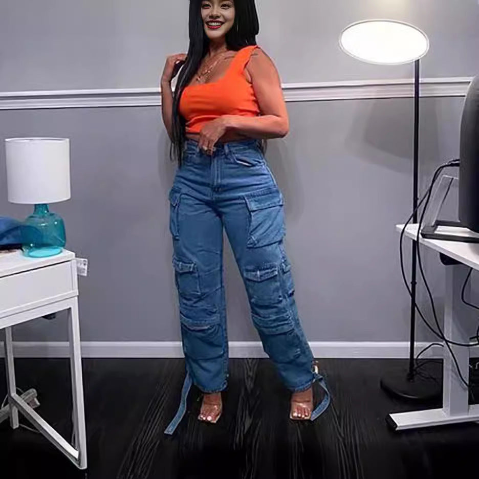 A European and American cross-border jeans, Amazon fashion viral trends multi-pocket large size African jeans overalls