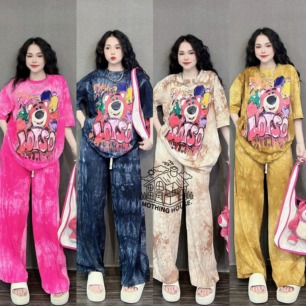 A tie-dye fashion suit women's summer loose cartoon print short-sleeved wide-leg pants casual two-piece set trendy