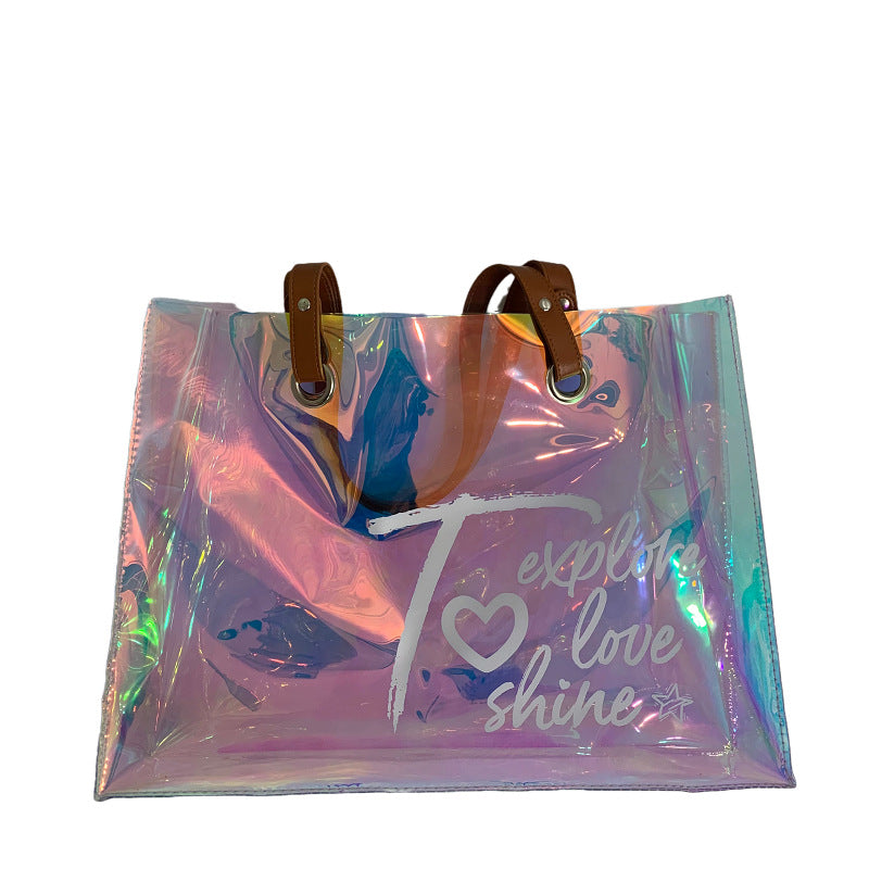 A Symphony pvc laser tote bag tpu plastic bag colored beach bag