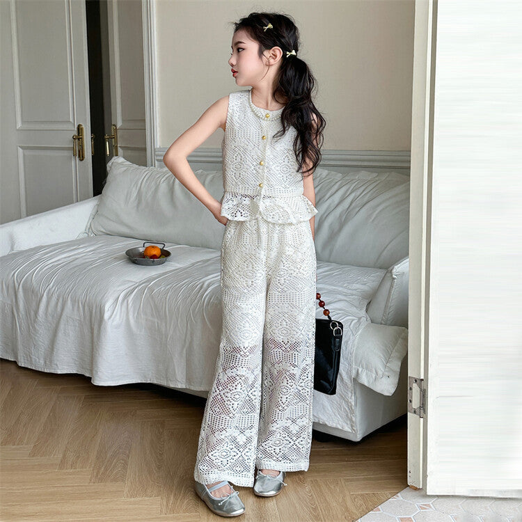 A girls summer lace crochet suit new middle-aged and older children's Korean version sleeveless top wide-leg straight pants trendy