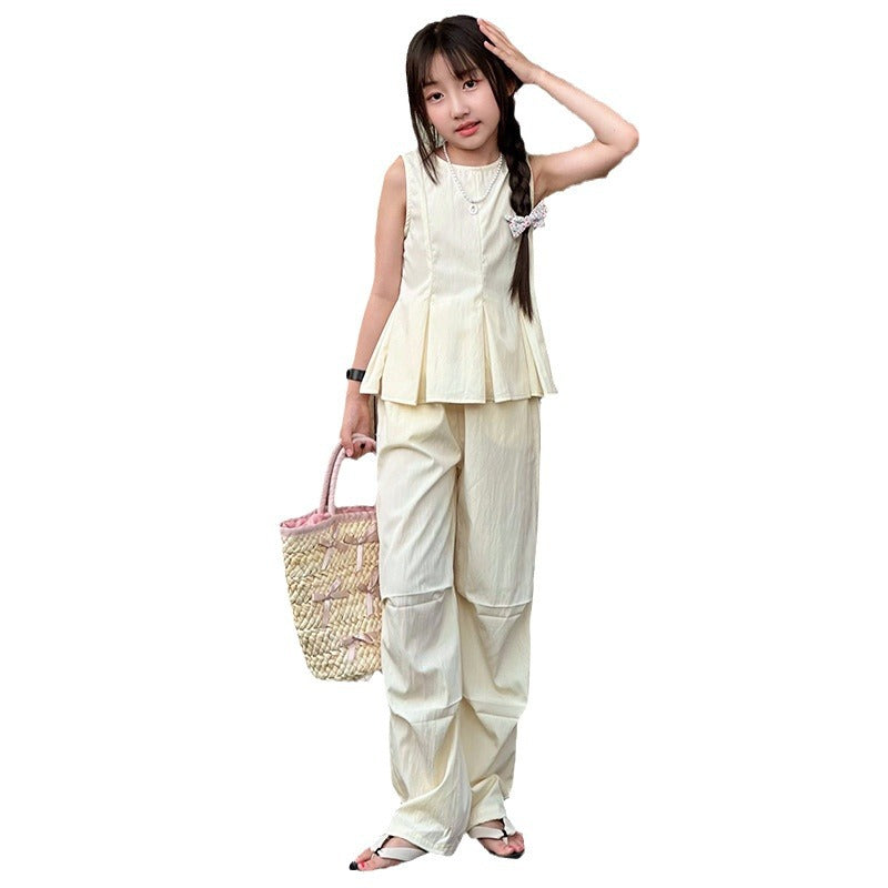 A year summer new suit middle and older children sleeveless thin vest Korean version top wide leg pants