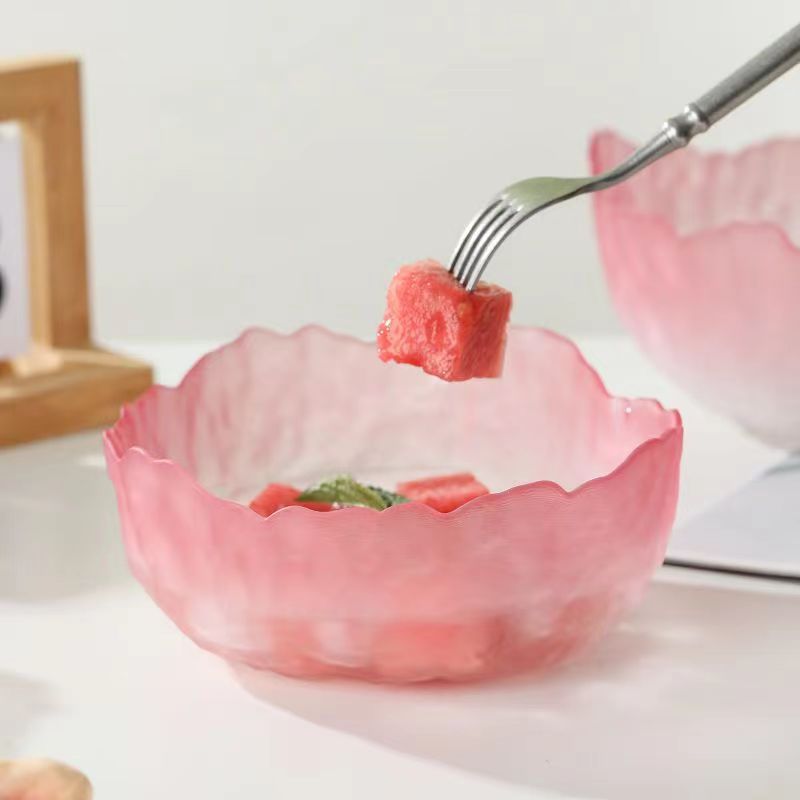 A Creative Japanese Lotus Mist Powder Glass Fruit Salad Bowl Set High Value Dessert Bowl Light Luxury Simple Household Fruit Plate