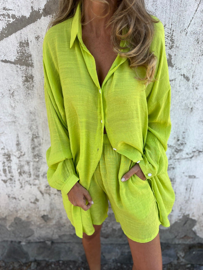 A Cross-border Europe, America, Amazon's new women's clothing casual solid color cotton and linen shorts long-sleeved wrinkled cloth shirt two-piece set
