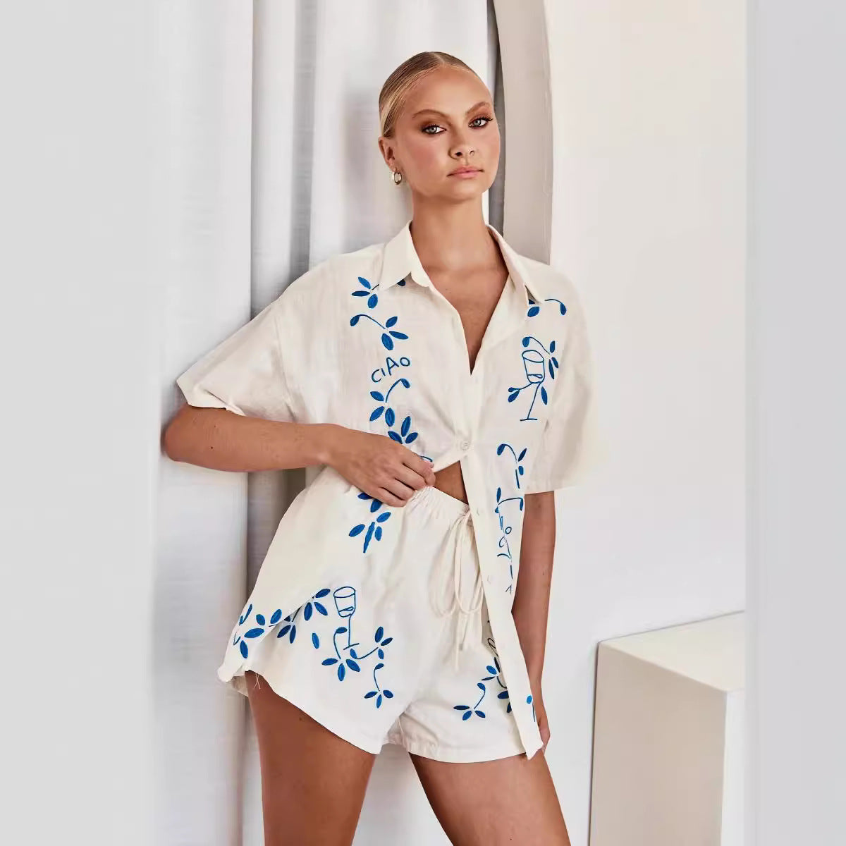 A spring and summer new 3d three-dimensional embroidered comfortable casual shirt short set-88189