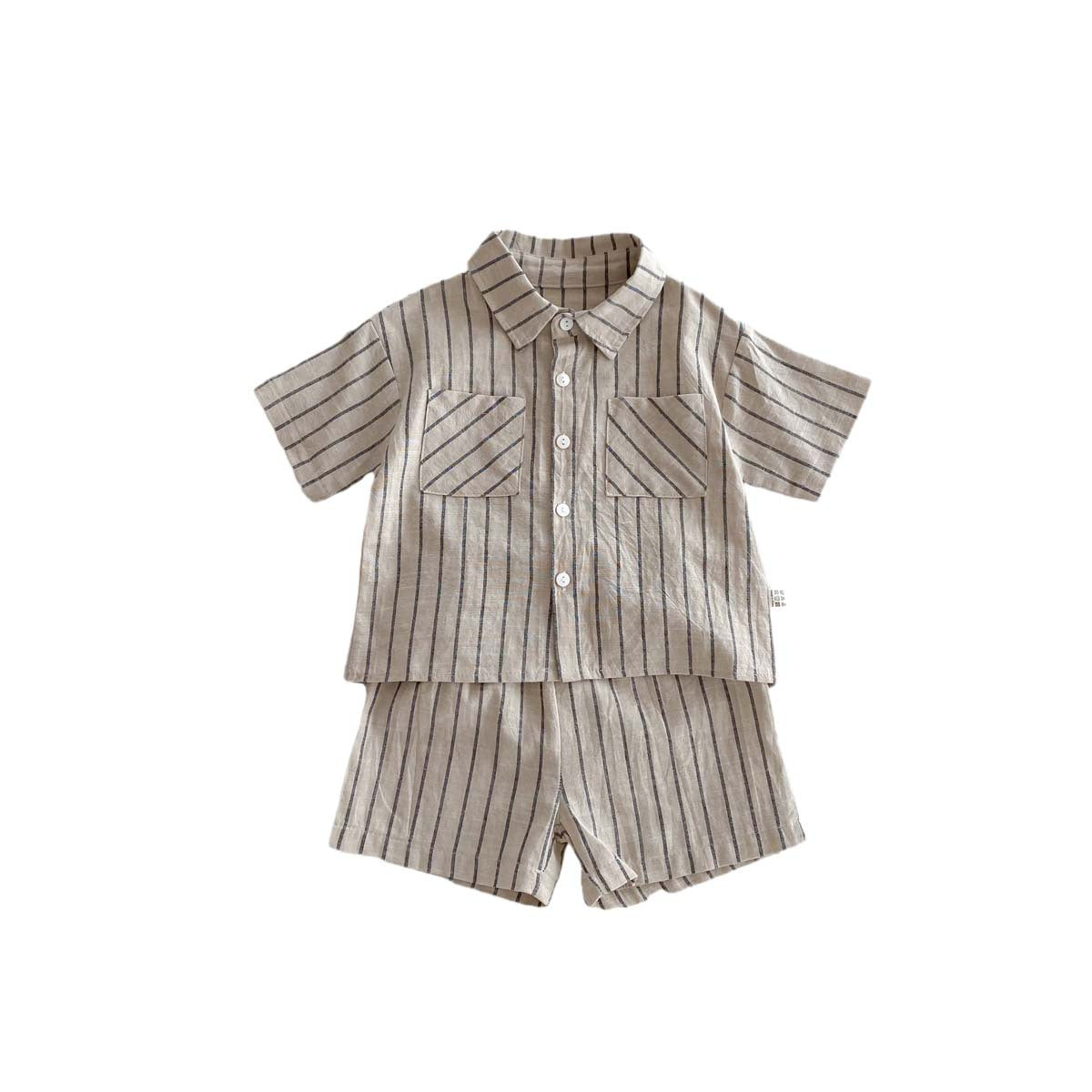 A Children's Korean version retro striped short-sleeved shirt shorts set for babies and boys and girls in summer thin casual trendy clothes - Mixbatch