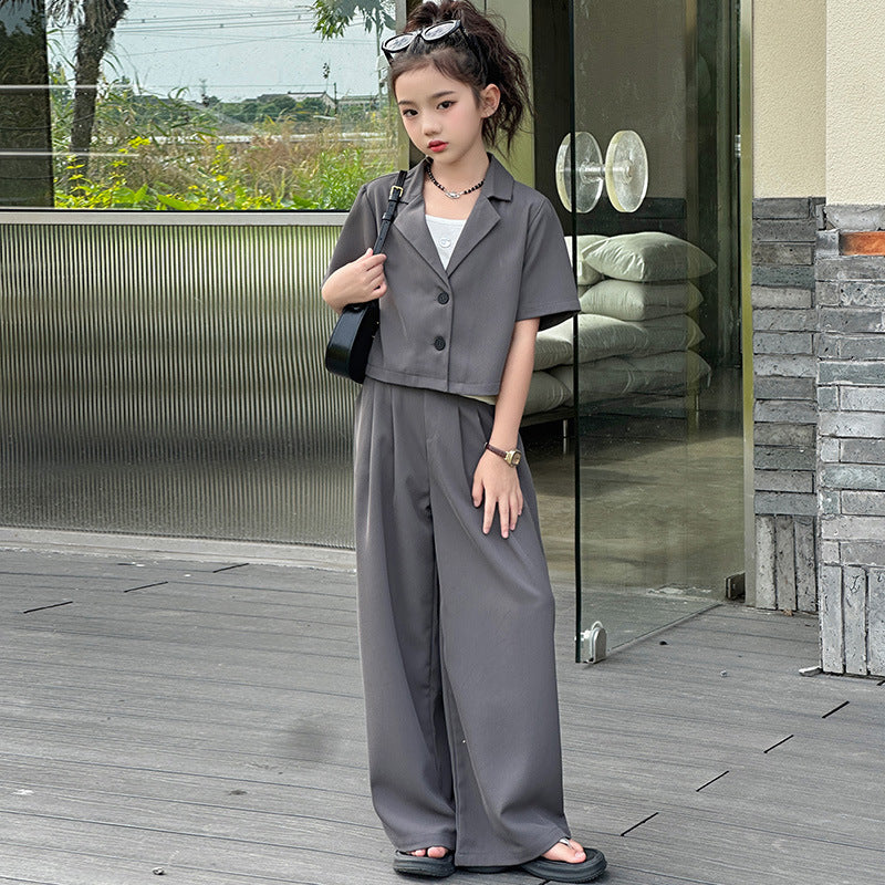A summer new Korean version of medium and older children's thin cardigan short-sleeved suit high-waisted wide-leg pants