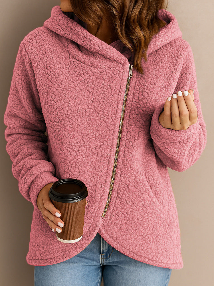 A long-sleeved zip-up hooded jacket