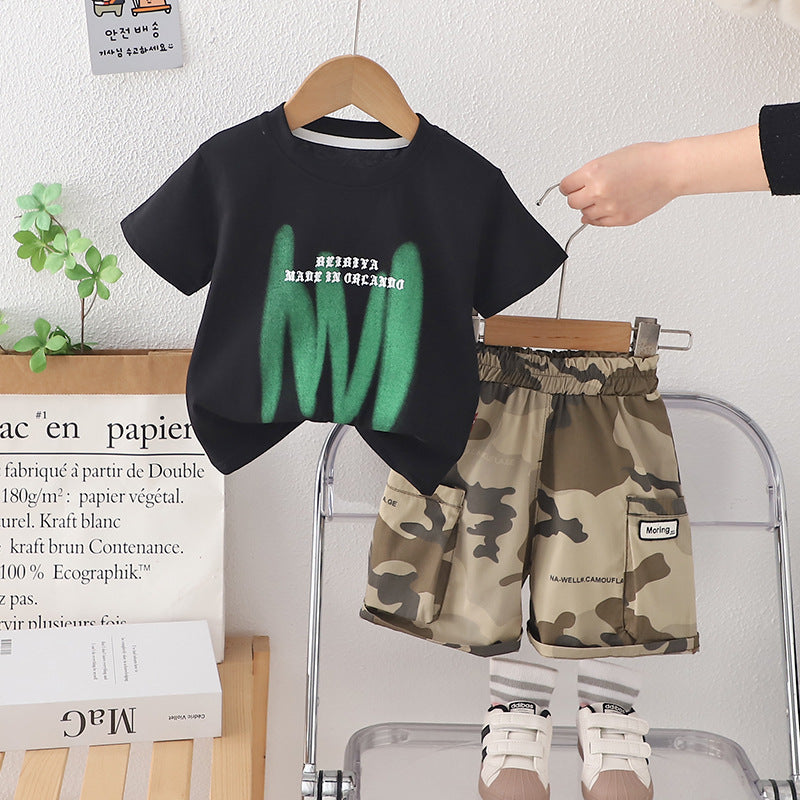 A Boys' summer suit New handsome children's short-sleeved two-piece set of 1-5 year old baby summer clothes