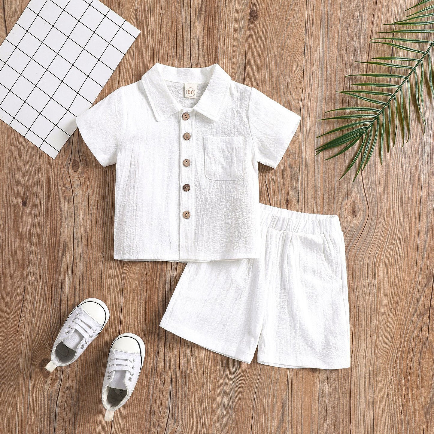A Boys Cotton and Linen Polo Shirt Solid Color Two-piece Set - Mixbatch