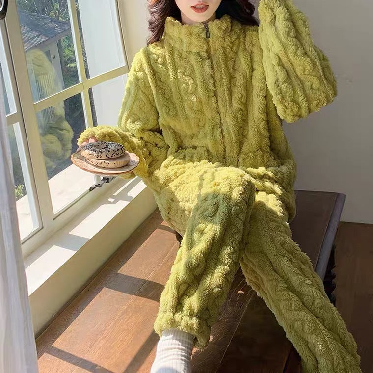 A Coral fleece pajamas winter women's models 2023 new autumn and winter fleece thickened zipper can be worn outside loungewear milk yellow - Mixbatch