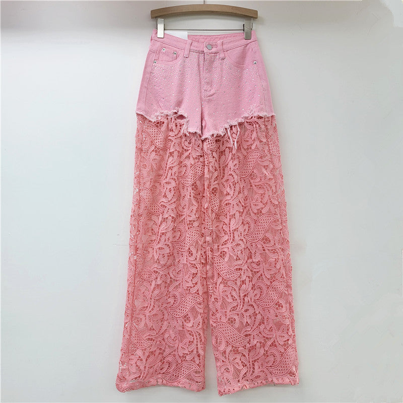 A Pink Lace Splicing Heavy Industry Hot Diamond Wide Leg Pants Women