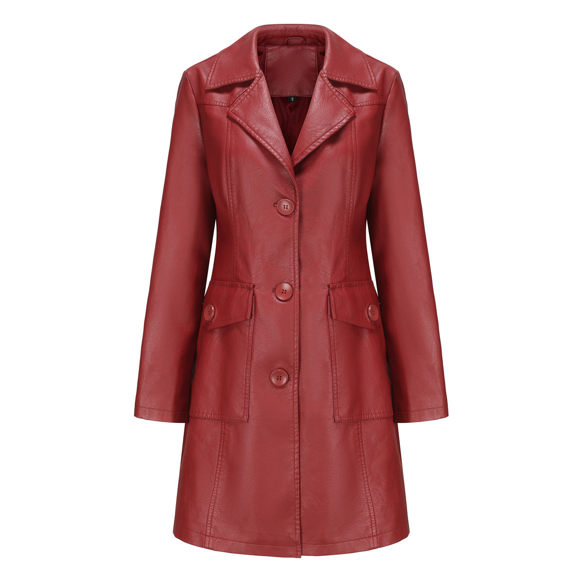 A women's long leather jacket