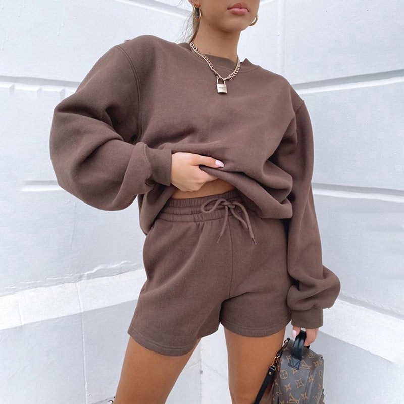 A solid color loose and versatile casual crew neck sweater shorts set - Mixbatch