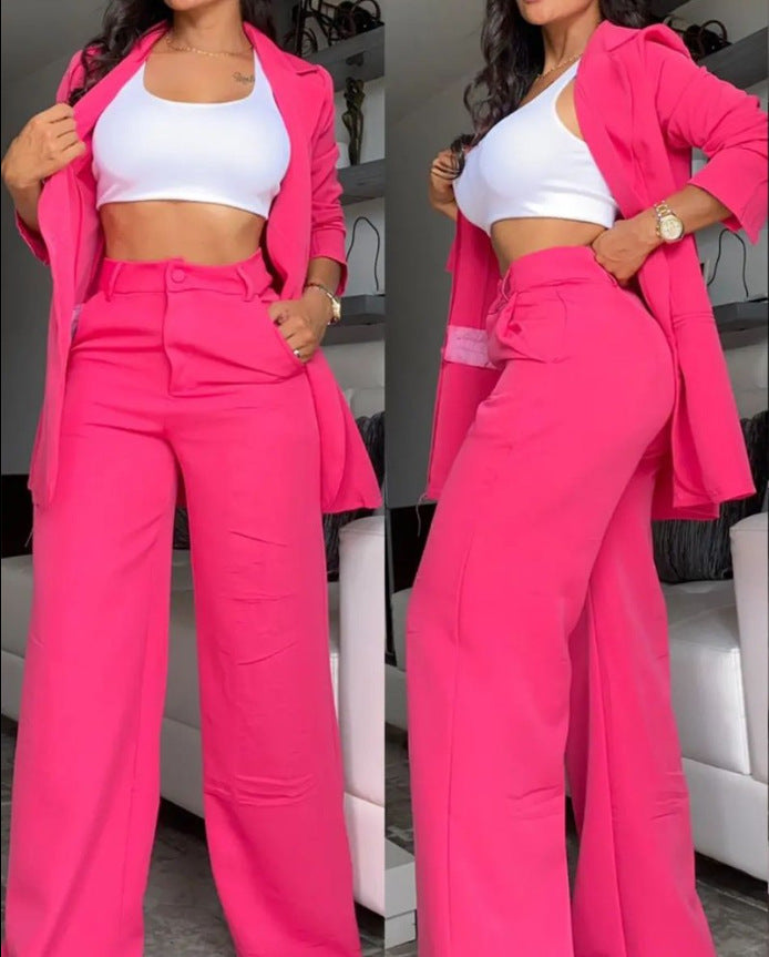 A women's temperament elegant solid color split sleeve lapel suit pocket straight pants suit