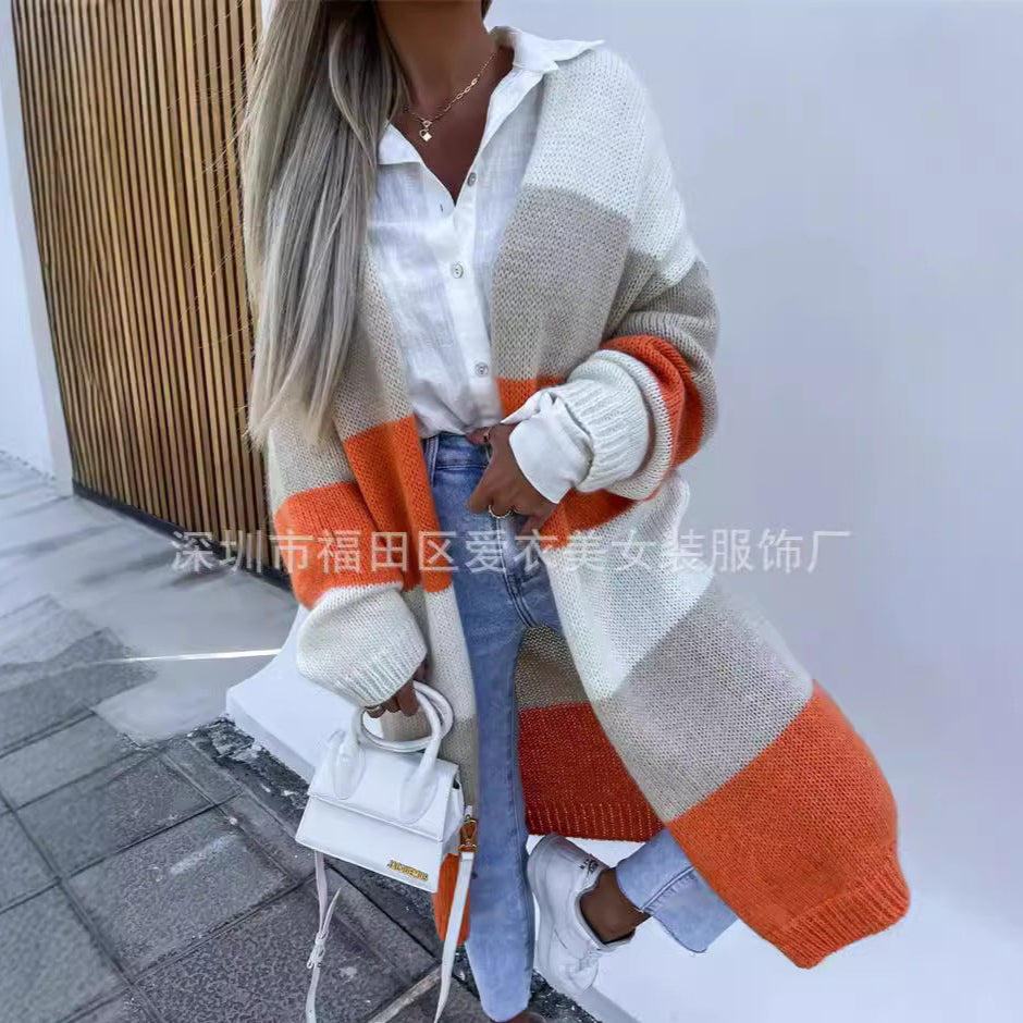 A multi-colored striped sweater loose long knitted cardigan jacket