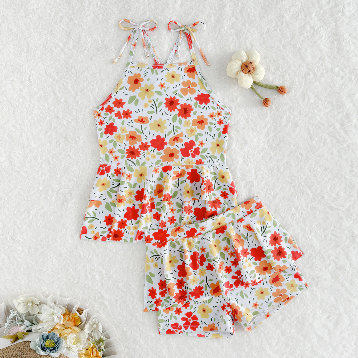 A European and American children's swimsuit girls split swimsuit printed lotus leaf edge skirt swimsuit 3Y-11Y adjustable shoulder strap swimsuit - Mixbatch