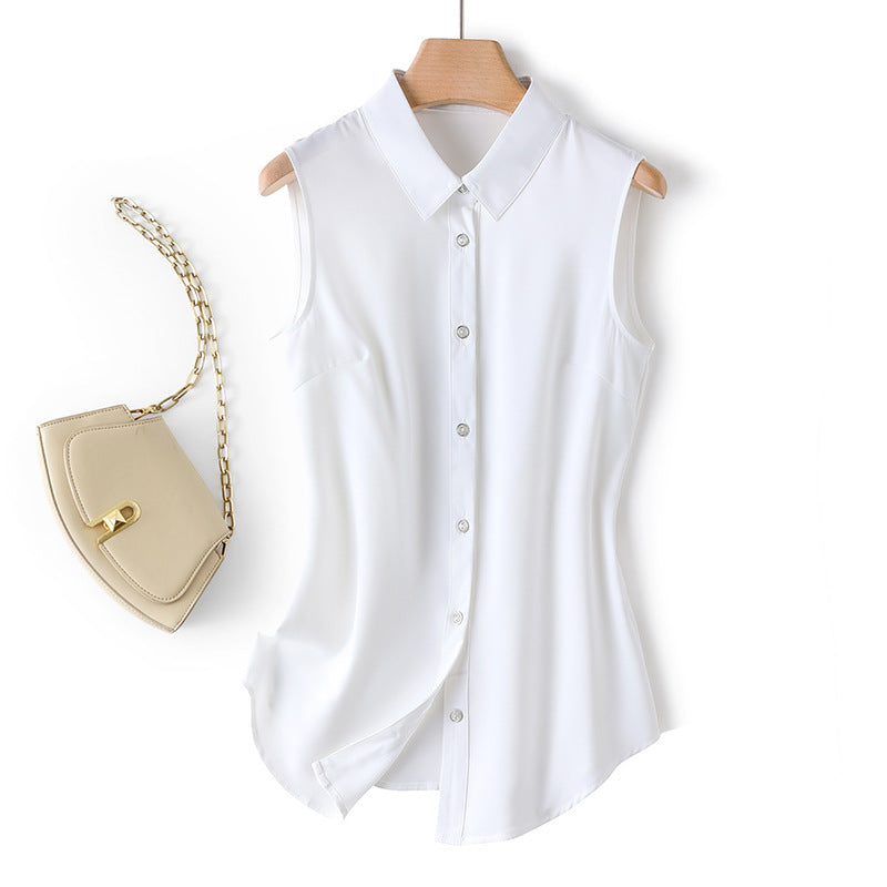 A White sleeveless shirt women's autumn medium and long inner vest top loose backing vest lapel anti-wrinkle shirt