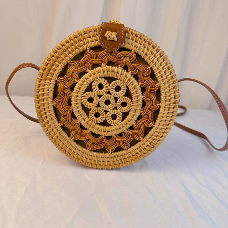 A rattan bag ins diagonal span mini bag Mori basket retro literary woven round bag vacation bucket bag leather buckle bag
