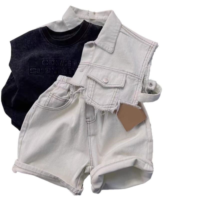 A boys summer denim suit ruffian handsome fried street fashionable loose children's denim shirt thin shorts two-piece set / three-piece set