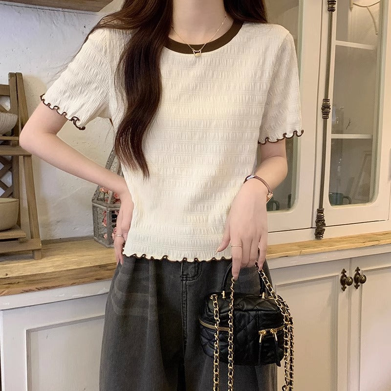 A apricot round neck fungus edge short-sleeved t-shirt women's summer short design sense niche foreign style European t-shirt top - Mixbatch