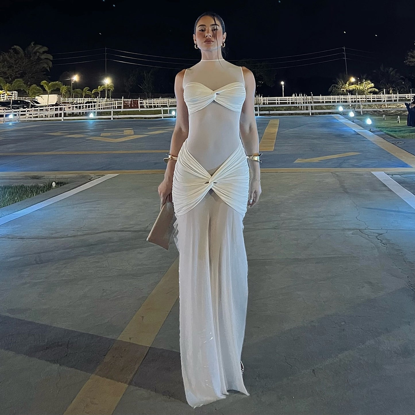 D098DS European and American cross-border 2025 spring new evening dress perspective mesh sexy solid color hip-wrapped women's jumpsuit - Mixbatch