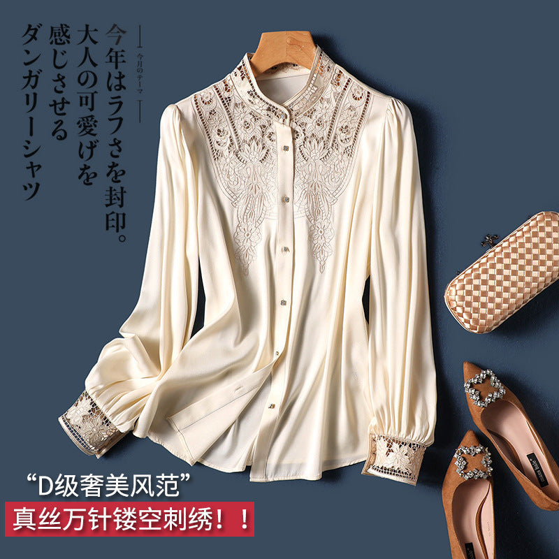 D-grade luxury style simulation silk 10,000 needles hollow embroidered shirt women's