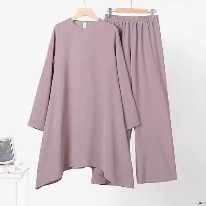 A Muslim women's clothing Middle East cross-border spring and autumn solid color round neck pullover skirt trousers fashion casual suit