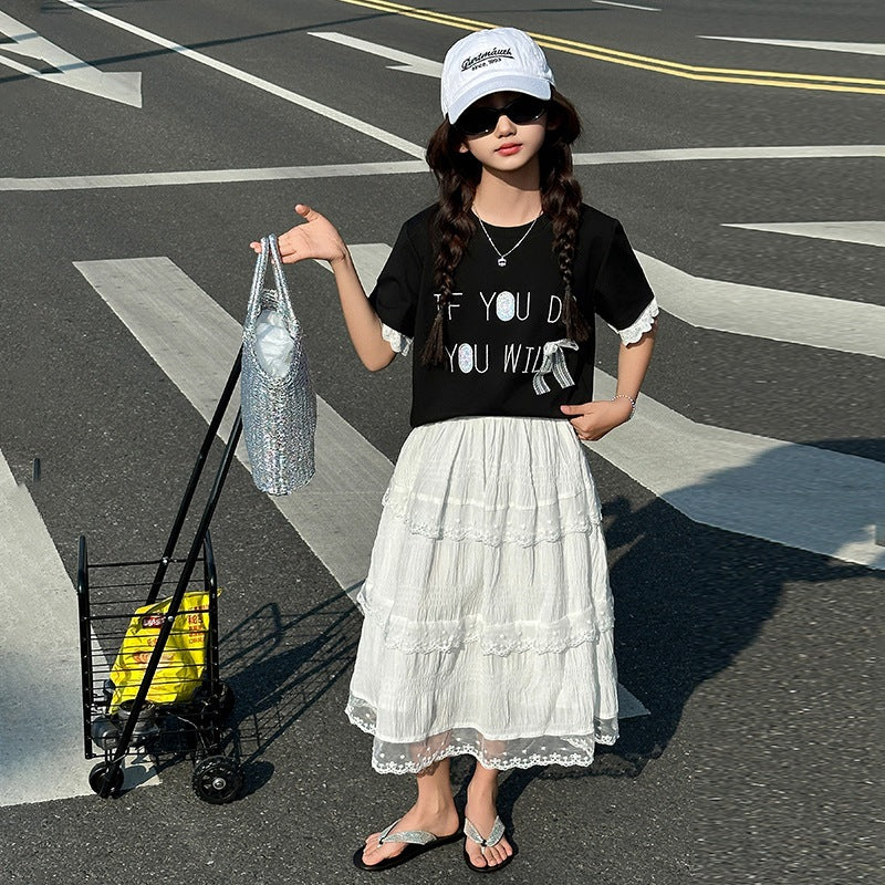 A girls summer suit new children's foreign style Korean version medium and older children's short-sleeved T-shirt half-body lace cake skirt t
