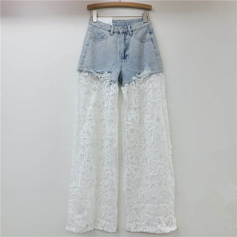 A Pink Lace Splicing Heavy Industry Hot Diamond Wide Leg Pants Women
