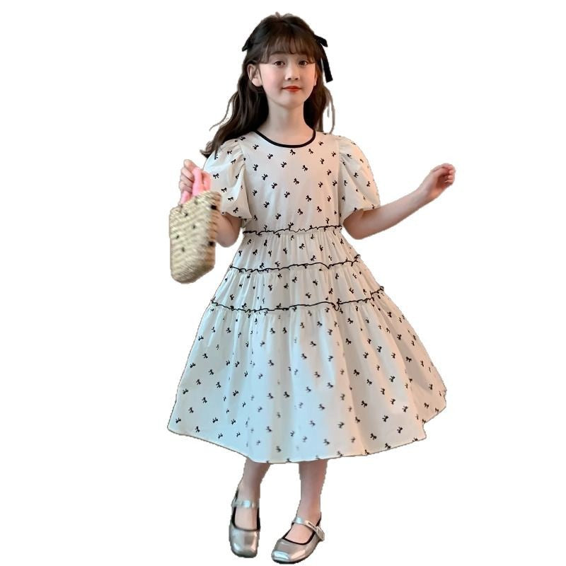 A children's dress summer new Korean version of foreign style princess dress girls middle and older children's bow bubble sleeve skirt tide