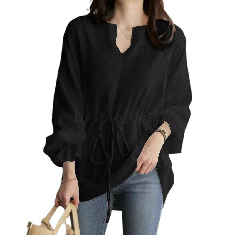 A Women's Long Sleeve V-Neck Shirt Drawstring Waist Top Solid Color Top - Mixbatch
