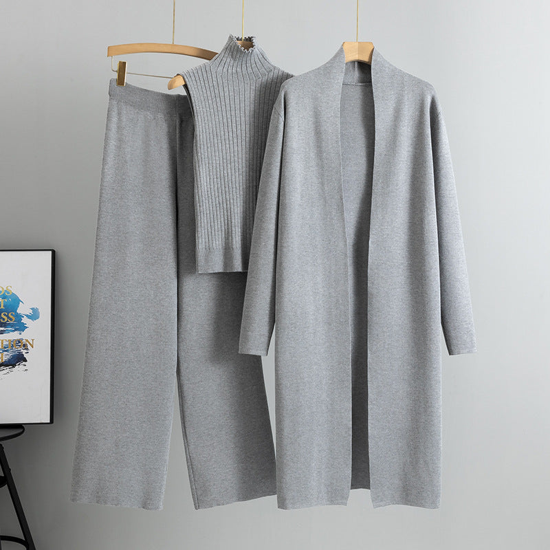 A three-piece set of knitted tops and pants