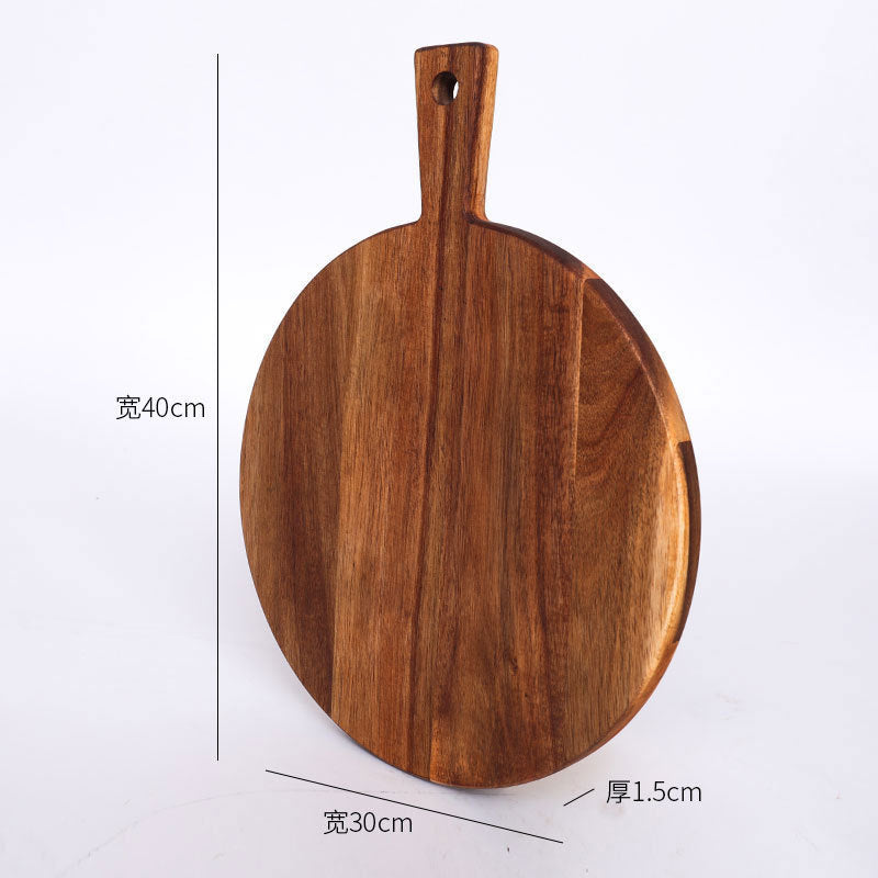 A Acacia wood pizza tray with handle solid wood cheese bread tray household steak plate, creative wooden small cutting board