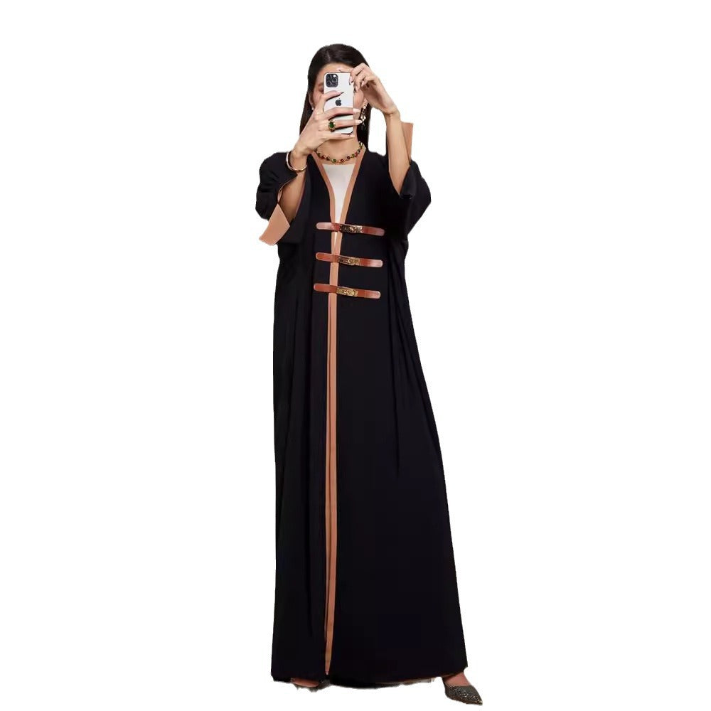 New Middle Eastern Muslim Dress Fashion Elegant Cardigan Button Dress Robe - Mixbatch