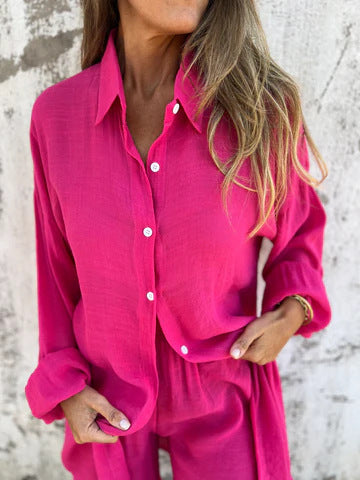 A Cross-border Europe, America, Amazon's new women's clothing casual solid color cotton and linen shorts long-sleeved wrinkled cloth shirt two-piece set
