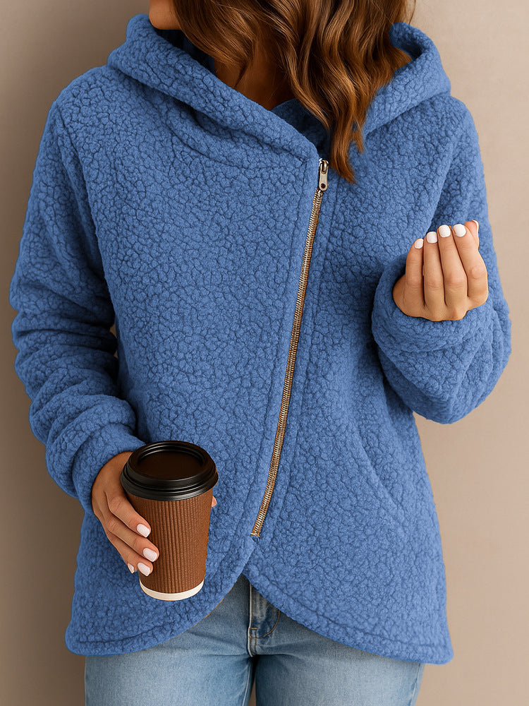 A long-sleeved zip-up hooded jacket