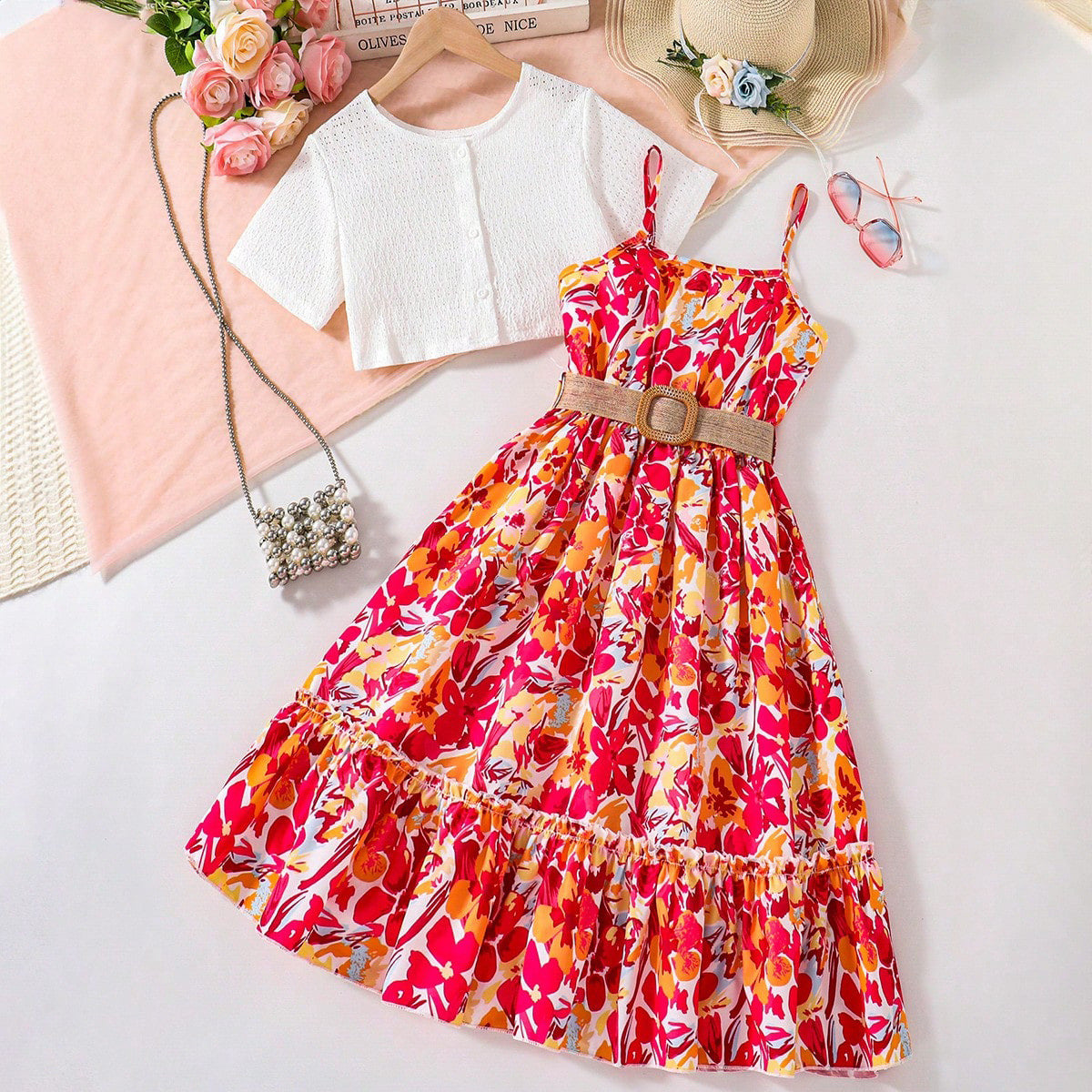 A floral full print lotus leaf edge suspender skirt short short sleeve top girls two-piece set