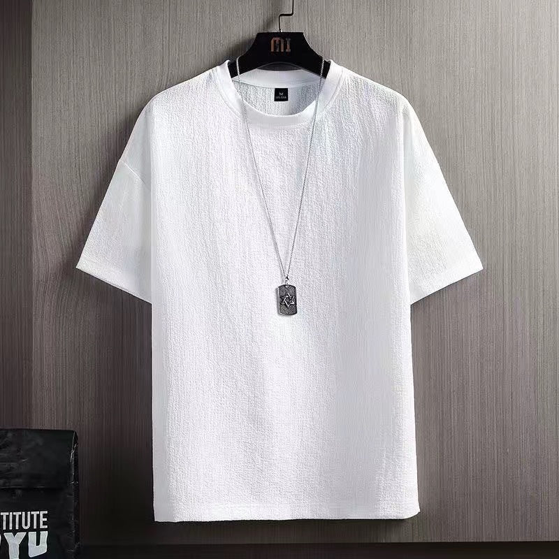 A Summer solid color ice silk short-sleeved t-shirt loose casual versatile t-shirt trendy clothes men's solid color printing - Mixbatch