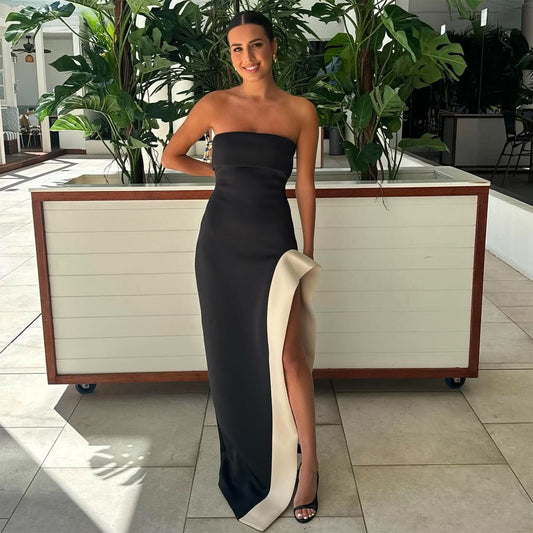 D109DS European and American cross-border 2025 spring tube top contrasting color splicing high split sexy backless evening dress long dress socialite - Mixbatch