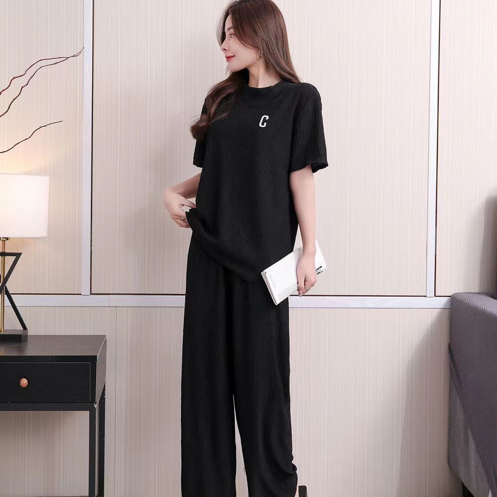 A suit women's spring summer letter embroidery thin ice silk loungewear suit casual loose trousers two-piece set
