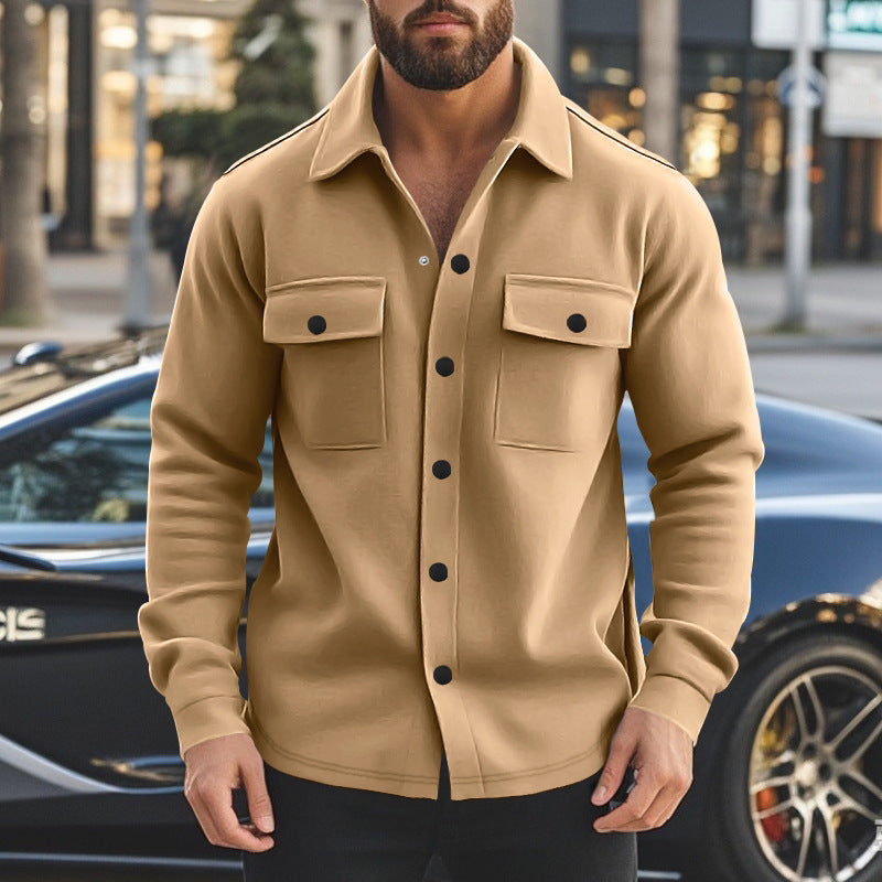 A casual men's fleece lapel top single-breasted solid color slim-fit jacket jacket men's cotton polo shirt