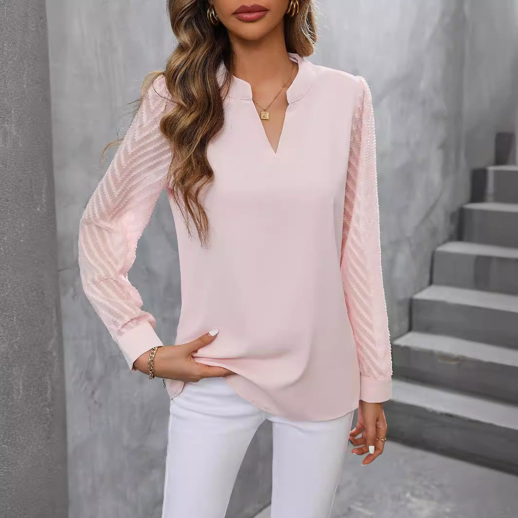 Cross-border Europe, America, Amazon Independent Station Autumn Fashion New Products Women's Splicing Chiffon Long Sleeve Solid Color Shirt - Mixbatch