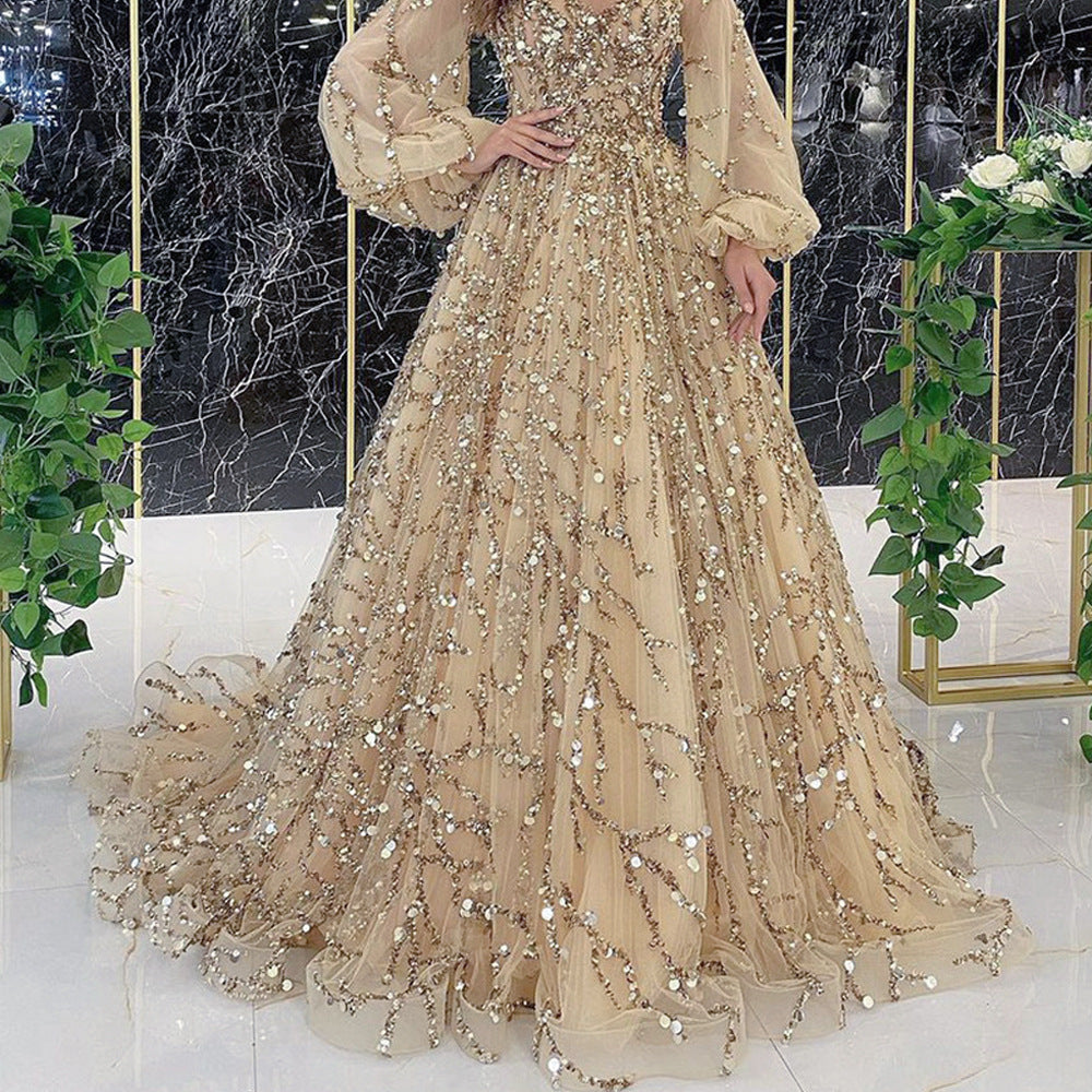 A multi-color heavy industry beaded luxury evening dress sexy lady aura queen dress