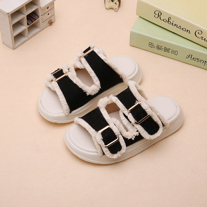 A simple medium and large boys and girls open-toed soft-soled versatile retro niche fringed slippers - Mixbatch