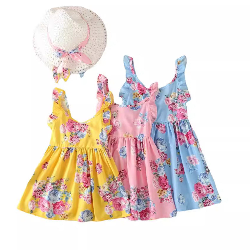 A Kids dress Girls fashion summer dress Korean version sleeveless simple flower print princess dress - Mixbatch