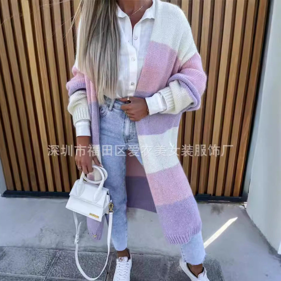 A multi-colored striped sweater loose long knitted cardigan jacket