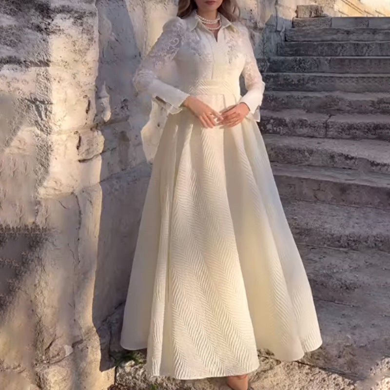A European and American white chest beaded lace yarn French retro long-sleeved slim dress