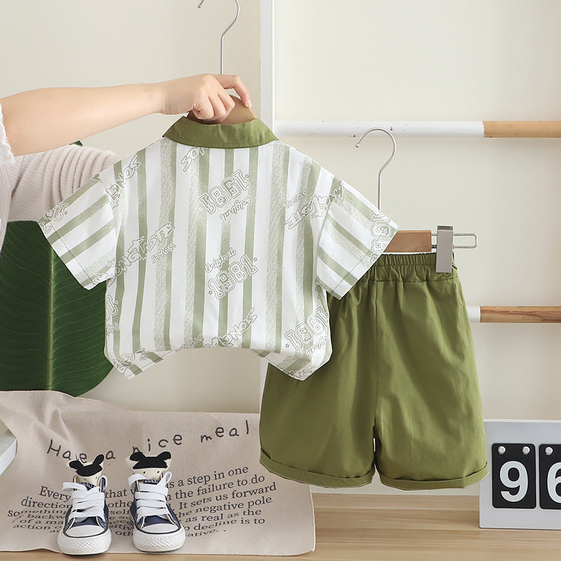 A summer boys three-piece set new baby boy foreign clothes thin striped shirt short-sleeved set medium and small children's tide